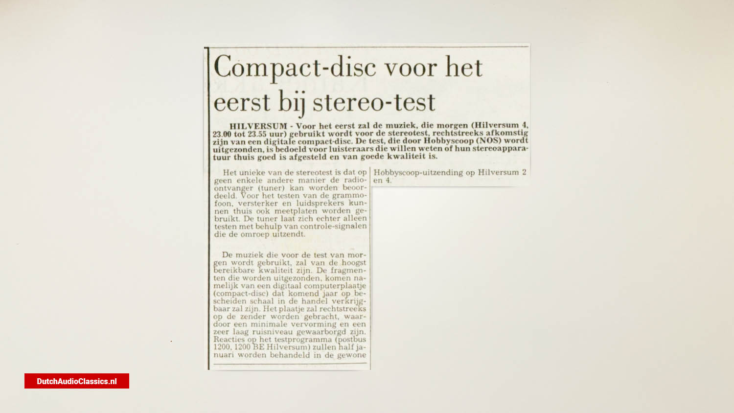 newspaper article Compact Disc for the first time in stereo test