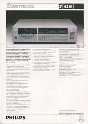 Philips F6216 cassettedeck 1982 product information PDF - Philips